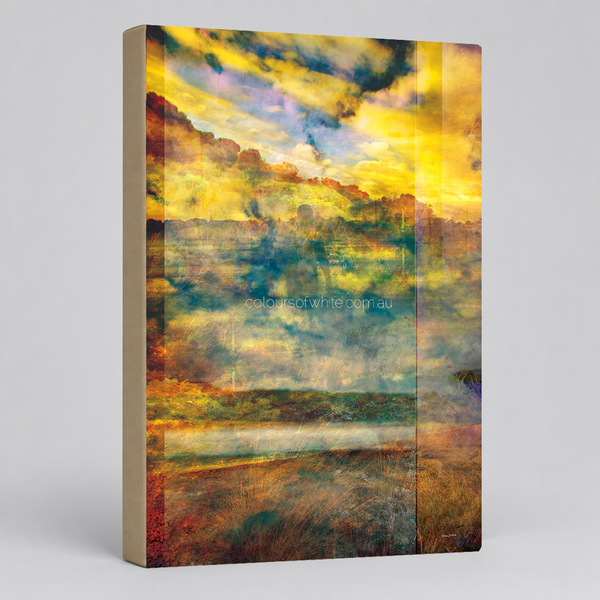 what looms… at one with the earth — archival canvas print by Durham J White featuring the Great Ocean Road layered photographic landscape in lush greens and warm gold and a mysterious silhouetted figure.