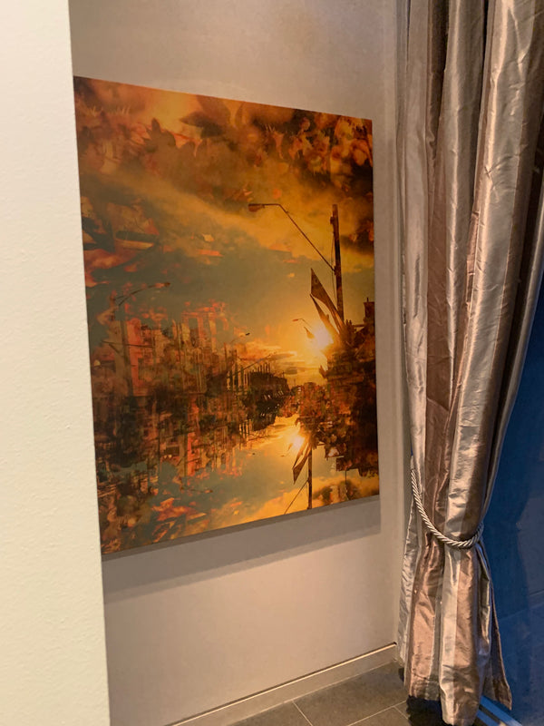 Floating – Kyneton layered photographic urban landscape by Durham J White. Golden reflections and warm amber tones with a dreamlike setting sun. Featured on an entrance wall next to a silver curtain