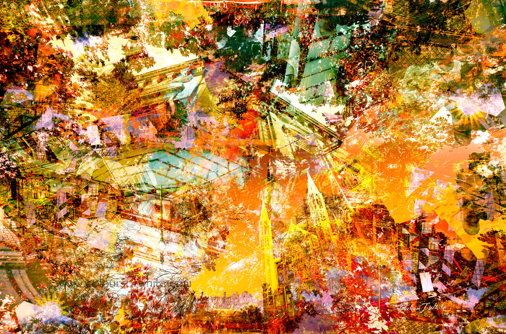 Kaleidoscope of Views — semi-abstract Bendigo urban landscape wall art in earthy greens and bold orange by Durham J White