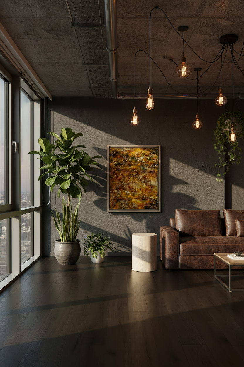 Modern living room with a brown leather sofa, potted plants, and abstract art on the wall.