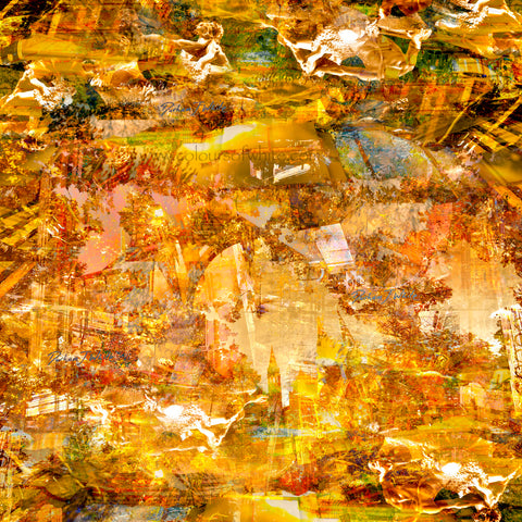 Golden-toned contemporary urban landscape artwork featuring layered Bendigo architecture and sculptural elements by Durham J White