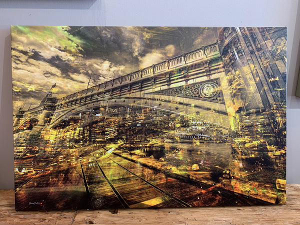 Contemporary Melbourne urban landscape artwork featuring Princes Bridge with layered city reflections and warm golden tones by Durham J White