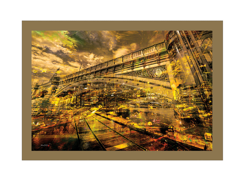 Contemporary Melbourne urban landscape artwork featuring Princes Bridge with layered city reflections and warm golden tones by Durham J White