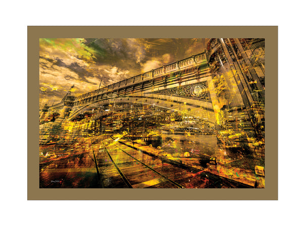 Contemporary Melbourne urban landscape artwork featuring Princes Bridge with layered city reflections and warm golden tones by Durham J White