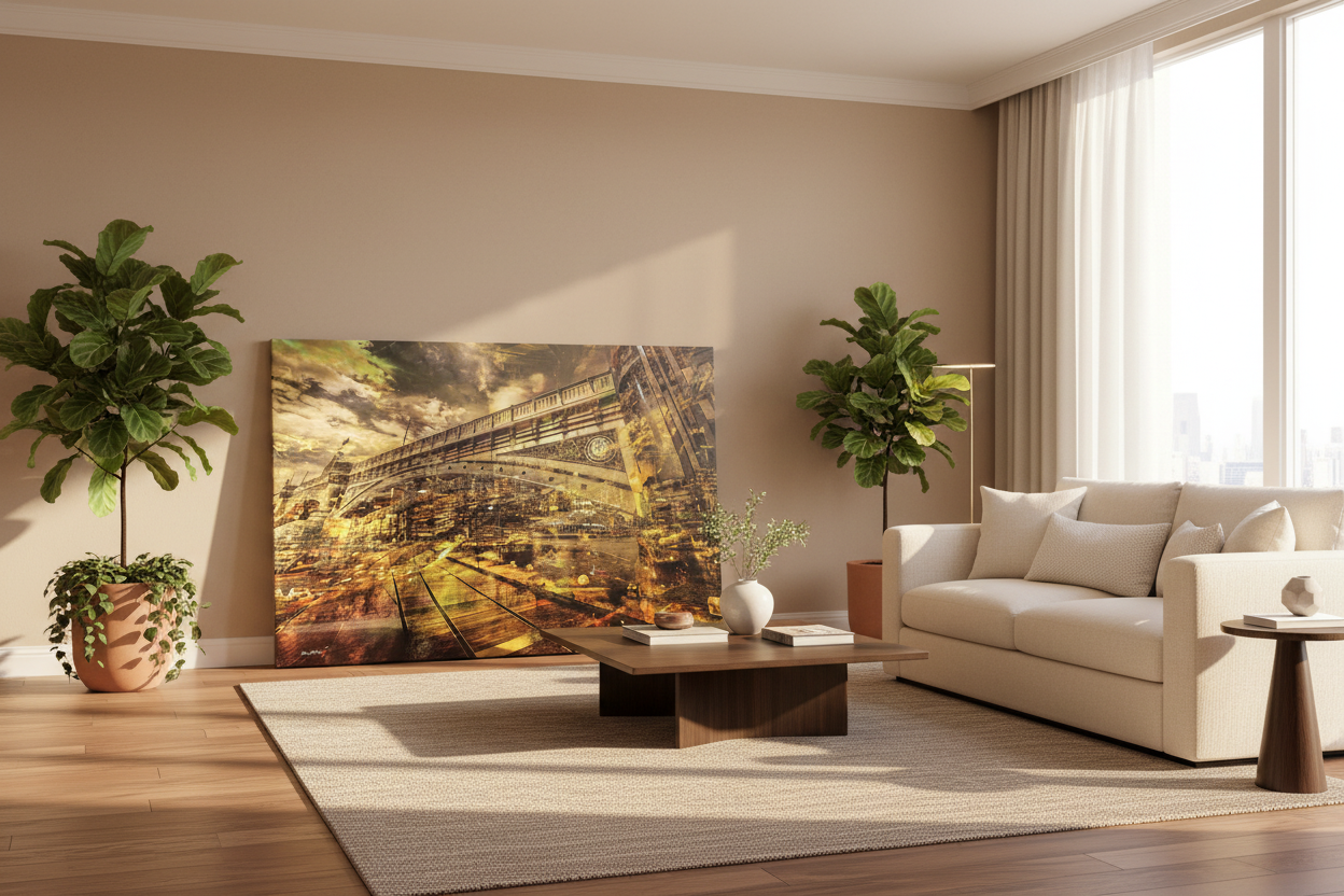 Contemporary Melbourne urban landscape artwork featuring Princes Bridge with layered city reflections and warm golden tones by Durham J White