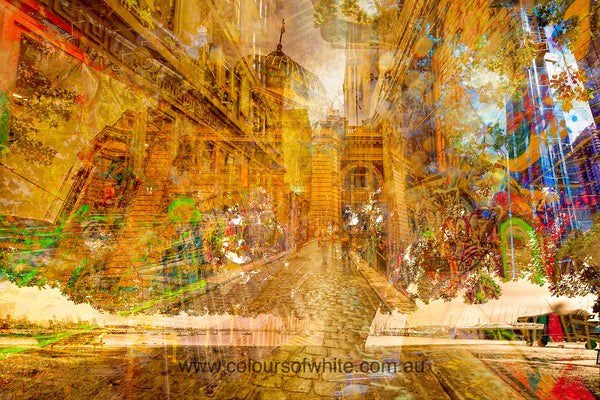 Tree of Life Melbourne wall art featuring layered views of Flinders Street Station, Hosier Lane and city architecture in warm earthy tones