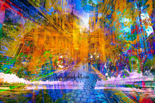 Colourful neon blue abstract art of Melbourne cityscape with architectural elements encapsulated in the silhouette of a tree.