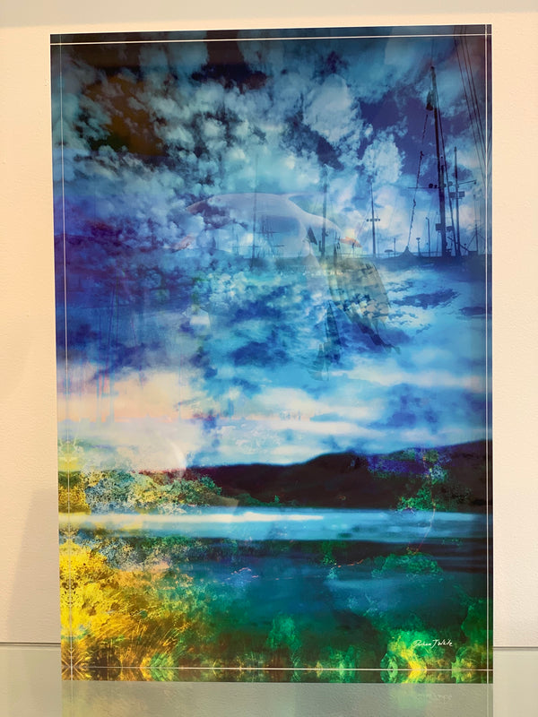 A decorative artwork featuring a stylized landscape with blue and green hues, and an image of a coral sea bed.