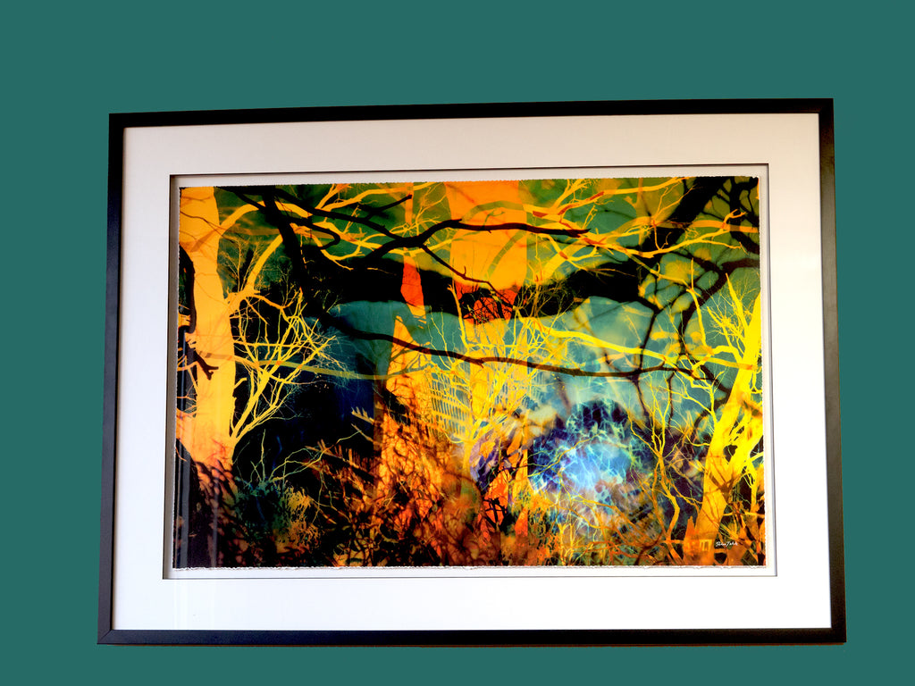 a sea beyond — Macedon Ranges layered landscape in lush greens and golden tones by Durham J White. Glass Framed Fine Art Print.