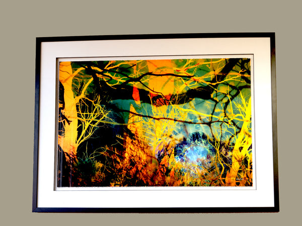 a sea beyond — Macedon Ranges layered landscape in lush greens and golden tones by Durham J White. Glass Framed Fine Art Print