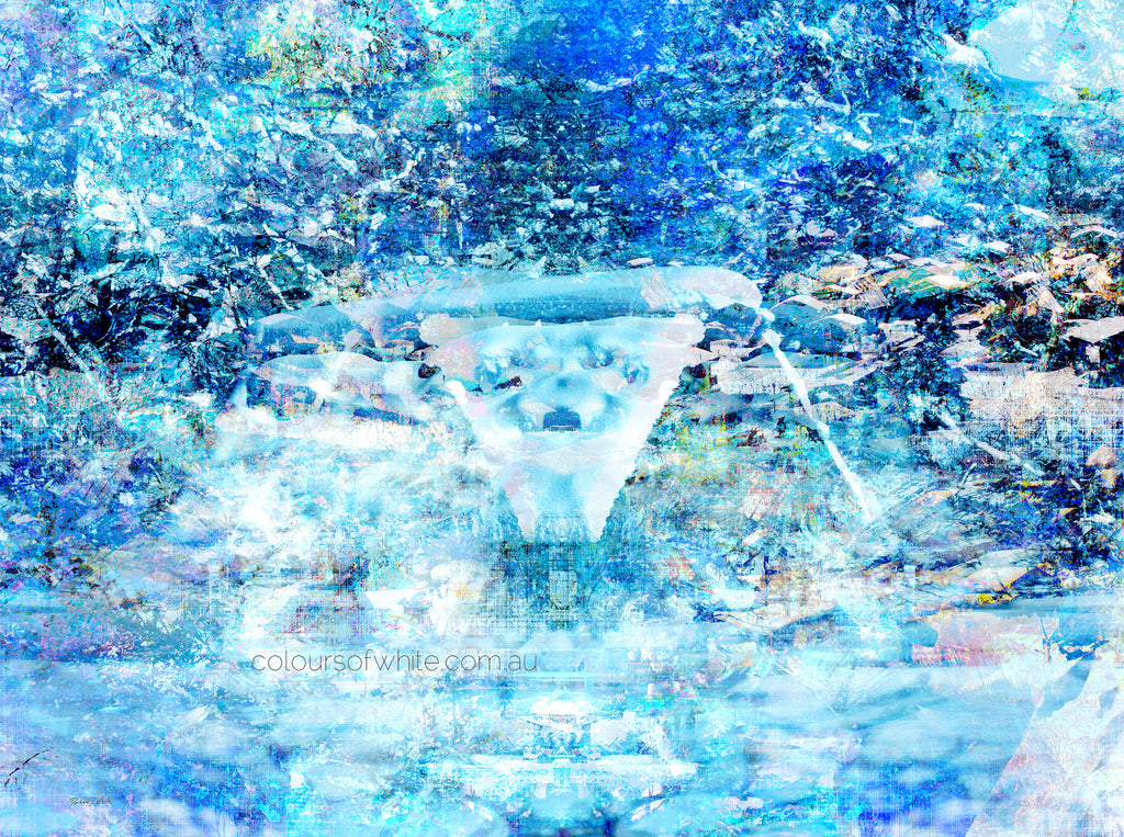 A Snowy Night – Japan winter landscape by Durham J White. Luminous snow-laden form emerging from electric blue and deep teal canopy in a layered photographic winter composition.