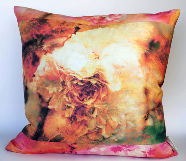 Blossom Square Element 2 — yellow, pink and burnt orange Japanese blossom botanical art by Durham J White, Belgian Linen Cushion