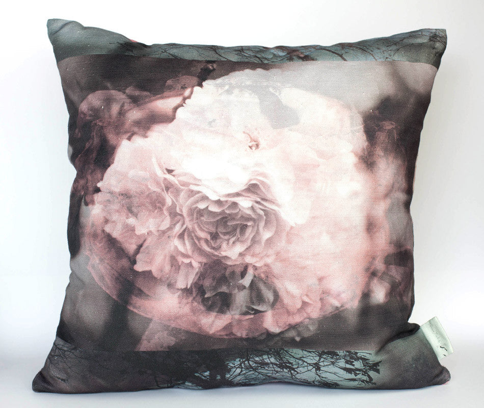 Blossoms Square Element 1 — dark moody greys, dusky pink and chocolate tones, Japanese blossom botanical art by Durham J White, Belgian Linen Cushion.