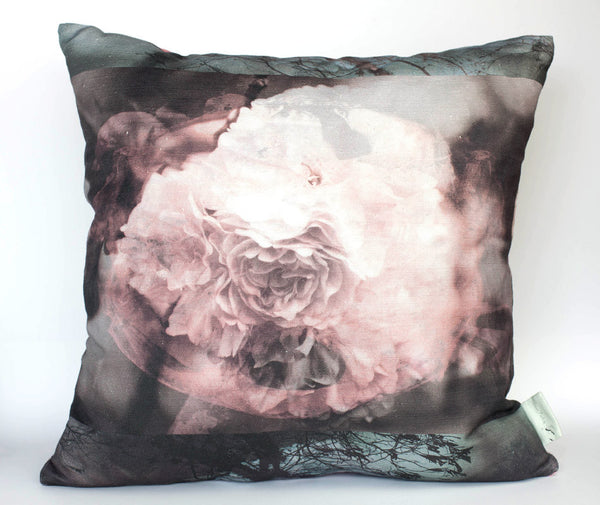 Blossoms Square Element 1 — dark moody greys, dusky pink and chocolate tones, Japanese blossom botanical art by Durham J White, Belgian Linen Cushion.