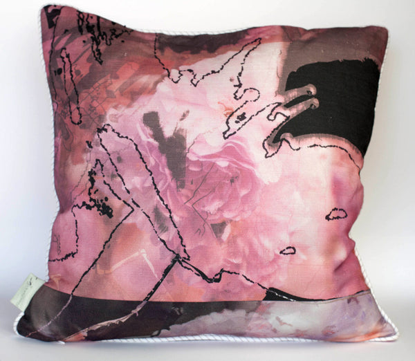 Blossoms Square Element 3 — cream, pink and plum wine Japanese blossom peony botanical art by Durham J White, Belgian Linen cushion
