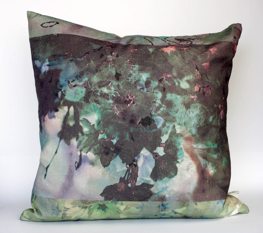 Blossoms Square Element 4 — deep green and mauve Japanese blossom Belgian linen cushion artwork by Durham J White