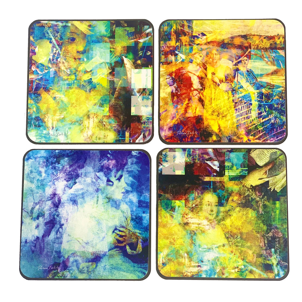 A set of four square coasters with a vibrant multicolored abstract design, featuring blue, turquoise, and yellow hues, each with a black polished edge.