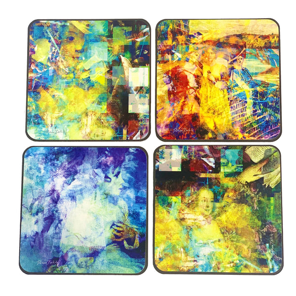 A set of four square coasters with a vibrant multicolored abstract design, featuring blue, turquoise, and yellow hues, each with a black polished edge.