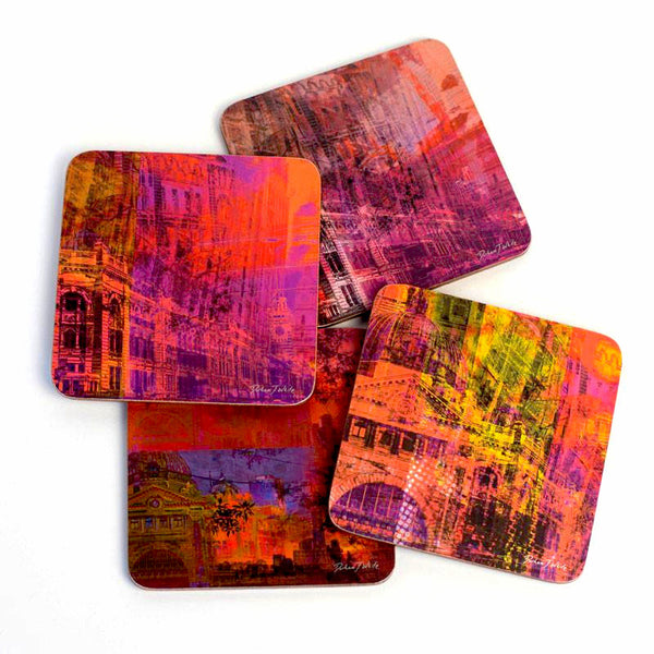 A set of four square coasters featuring Melbourne city elements with a vibrant, abstract design in purple, orange, and pink hues, featuring neon-like light patterns.