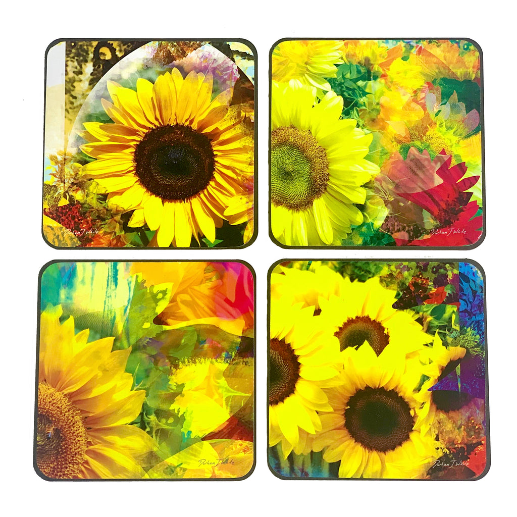 4 individual, colourful happy retro vibe FleuroSun sunflower coasters on a beautiful gloss finished