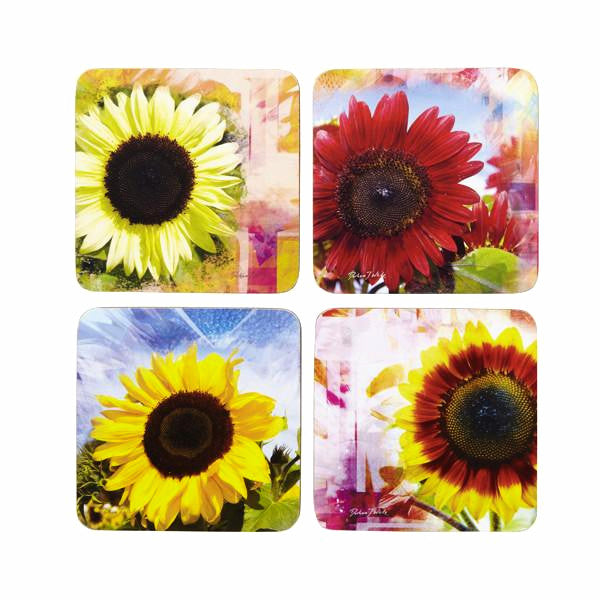 Four sunflower coasters with colourful backgrounds
