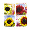 Four sunflower coasters with colourful backgrounds