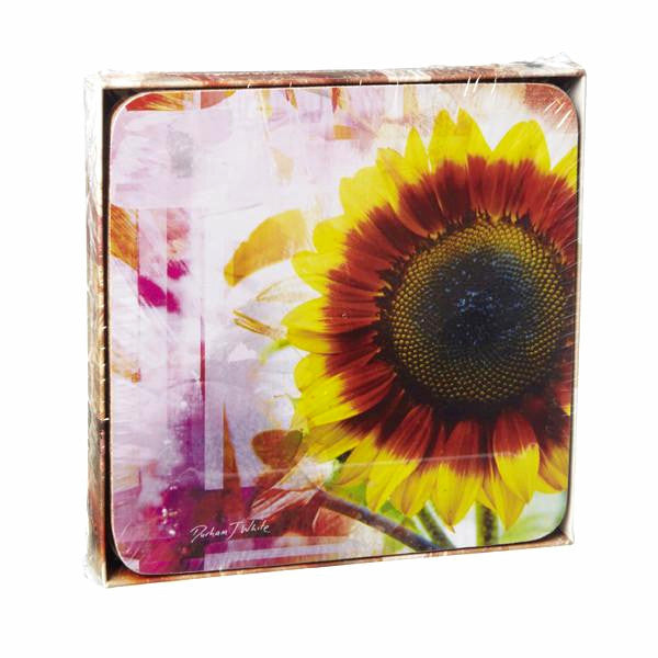 A set of four square coasters with a vibrant image of a sunflower on each, packaged in a clear box with a simple design.