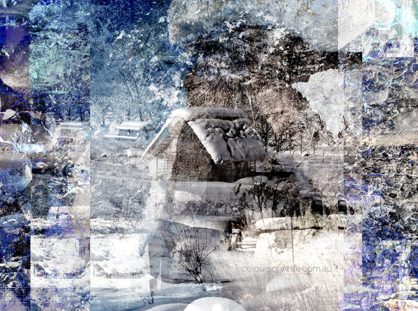 "A Snow Scene" wall art print by Durham J White, featuring a Japanese winter layered photographic artwork with snow-capped thatched huts, geometric panelling, sepia tones, luminous whites, and deep midnight blues.