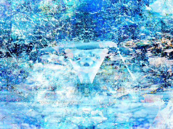 “A Snowy Night” Archival canvas print by Durham J White, featuring a Japanese winter landscape artwork in electric blue, deep teal, cobalt, pale aqua, and icy whites with subtle blush and gold undertones.