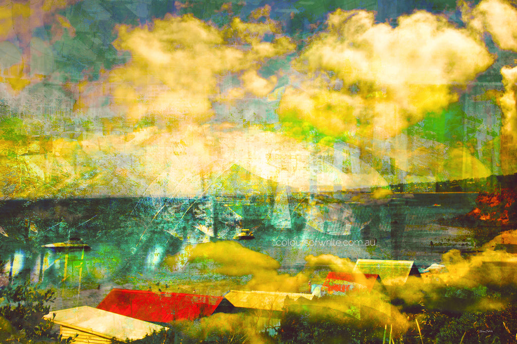 "Bathing in Nostalgia" archival canvas print by Durham J White, featuring a layered photographic artwork of Mother's Beach, Mornington, with beach huts, swimmers, shifting turquoise blues, light on the water, and a vibrant splash of red.