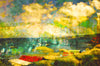 "Bathing in Nostalgia" archival canvas print by Durham J White, featuring a layered photographic artwork of Mother's Beach, Mornington, with beach huts, swimmers, shifting turquoise blues, light on the water, and a vibrant splash of red.