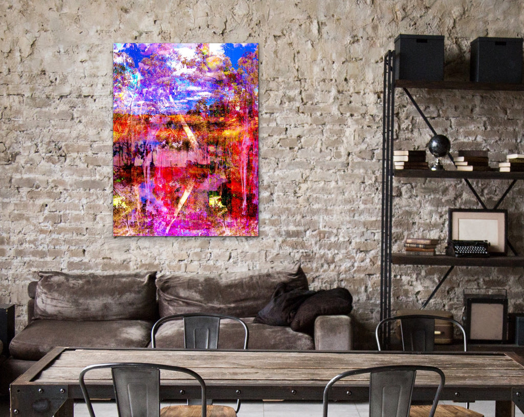 “Deep Meditative Therapy” archival canvas print by Durham J White, featuring an abstract nature layered photographic artwork of the Australian landscape in rich hot pinks, deep blues, reds, and burnt oranges.  Feature art in an industrial living space.