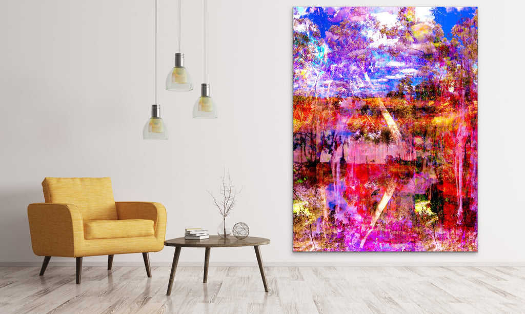 “Deep Meditative Therapy” archival canvas print by Durham J White, featuring an abstract nature layered photographic artwork of the Australian landscape in rich hot pinks, deep blues, reds, and burnt oranges. Featured in large format in a minimal living or foyer space.