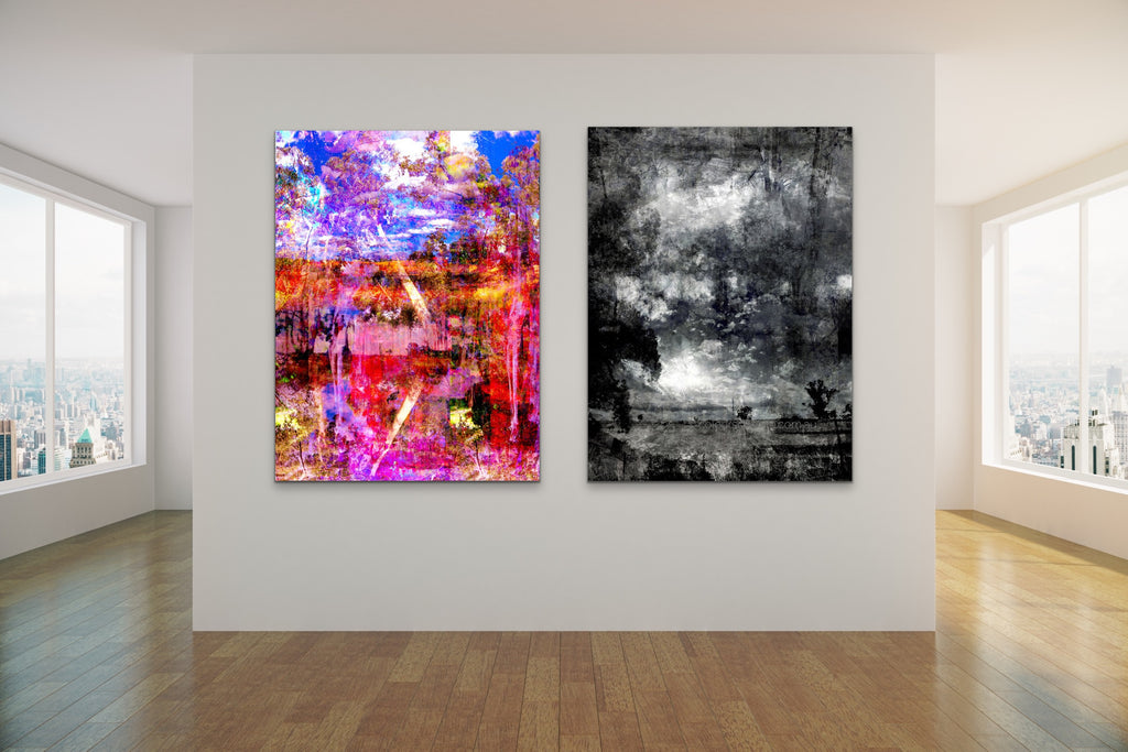 “Deep Meditative Therapy” archival canvas print by Durham J White, featuring an abstract nature layered photographic artwork of the Australian landscape in rich hot pinks, deep blues, reds, and burnt oranges.  Featured with "Etched" in a modern apartment.