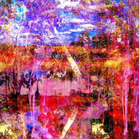 “Deep Meditative Therapy” archival canvas print by Durham J White, featuring a layered photographic artwork of the Australian landscape in rich hot pinks, deep blues, reds, and burnt oranges.