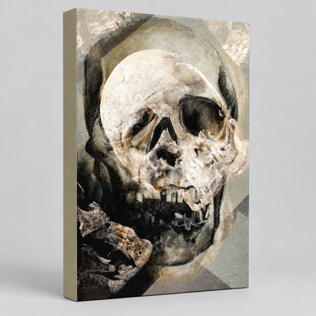 "Voices in my head" archival canvas print abstract skull artwork by Durham J White in beige and soft grey with hints of black tones. 