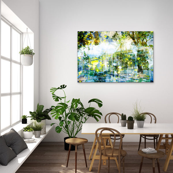 "Glisten" archival canvas print by Durham J White, featuring a layered photographic artwork of a Trentham garden with a heritage cottage, fresh sky blues, soft aqua, lime-green leaves, and dappled summer sunlight. Feautured in a white living interior.