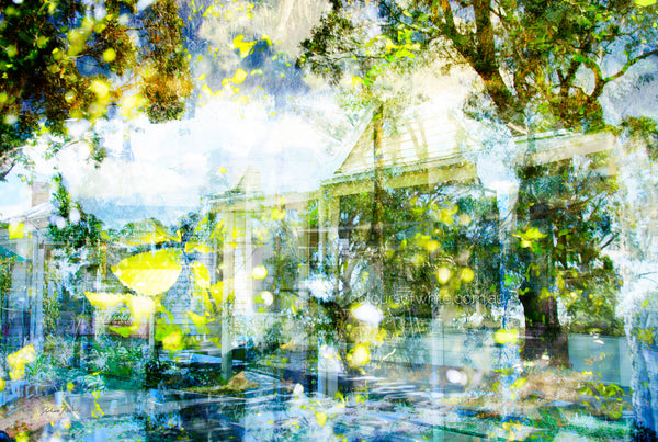 "Glisten" archival canvas print by Durham J White, featuring a layered photographic artwork of a Trentham garden with a heritage cottage, fresh sky blues, soft aqua, lime-green leaves, and dappled summer sunlight.