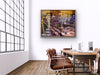 "Keeping Up a Pier Glance 3" box framed archival canvas print by Durham J White, featuring a layered photographic artwork of the Mornington waterfront with a boat loading dock and pier in earthy purples, sandy caramels, and a glimpse of night sky, shown in a large open industrial office space.