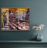 "Keeping Up a Pier Glance 3" box framed archival canvas print by Durham J White, featuring a layered photographic artwork of the Mornington waterfront with a boat loading dock and pier in earthy purples, sandy caramels, and a glimpse of night sky, shown in a refined teal blue interior.