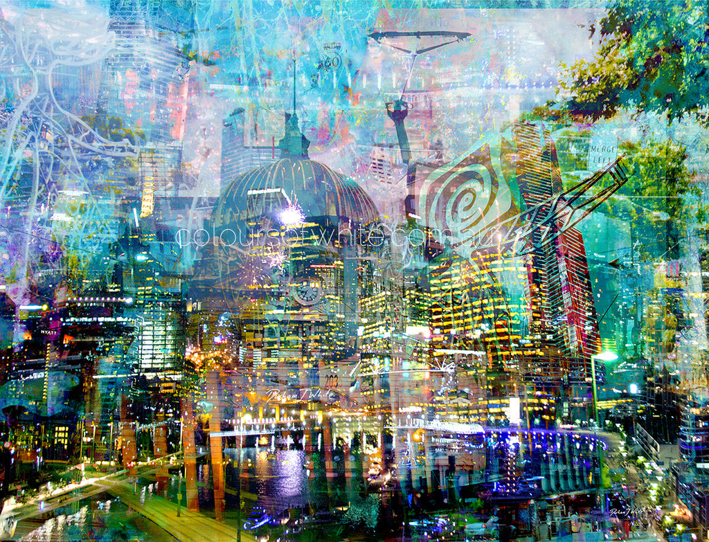 “Melbourne by Day”wall art by Durham J White, featuring a layered photographic artwork of iconic Melbourne landmarks, including Flinders Street Station, Southbank, and the Yarra River bathed in luminous daylight.