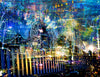 Melbourne by Night – urban landscape by Durham J White. Melbourne's iconic skyline layered in deep cobalt, electric blue, neon gold and violet tones — Flinders Street Station, the MCG, Princes Bridge and Docklands in a single immersive composition.