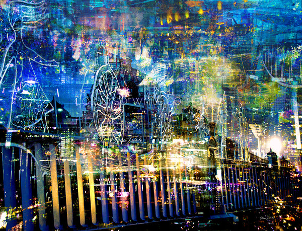 Melbourne by Night – urban landscape by Durham J White. Melbourne's iconic skyline layered in deep cobalt, electric blue, neon gold and violet tones — Flinders Street Station, the MCG, Princes Bridge and Docklands in a single immersive composition.