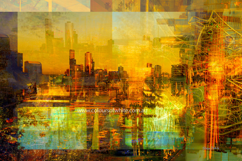 Melbourne Golden Skyline – urban landscape by Durham J White. Melbourne's skyline at golden hour in amber, burnt orange and gold tones with teal and aqua accents — a layered photographic composition capturing the city from the west.