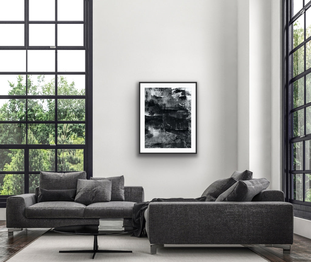 Moonwalking” glass framed fine art print by Durham J White, featuring a layered photographic artwork of the Mornington Pier in monochrome with carbon blacks, graphite mid-tones, and crisp whites.