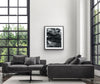 Moonwalking” glass framed fine art print by Durham J White, featuring a layered photographic artwork of the Mornington Pier in monochrome with carbon blacks, graphite mid-tones, and crisp whites.