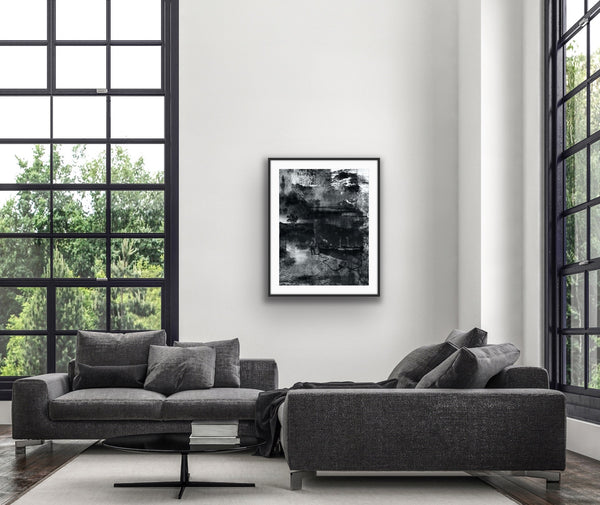 Moonwalking” glass framed fine art print by Durham J White, featuring a layered photographic artwork of the Mornington Pier in monochrome with carbon blacks, graphite mid-tones, and crisp whites.
