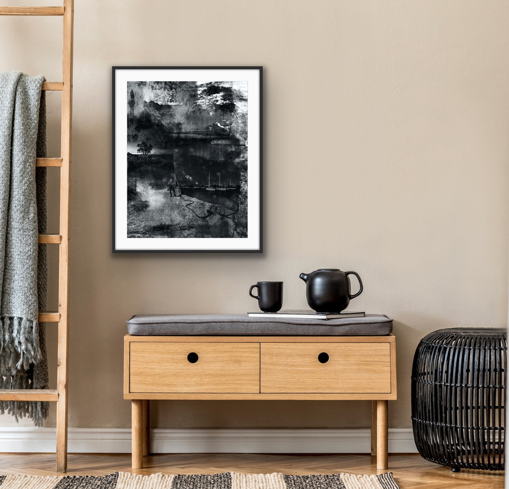 Moonwalking” glass framed fine art print by Durham J White, featuring a layered photographic artwork of the Mornington Pier in monochrome with carbon blacks, graphite mid-tones, and crisp whites.
