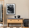 Moonwalking” glass framed fine art print by Durham J White, featuring a layered photographic artwork of the Mornington Pier in monochrome with carbon blacks, graphite mid-tones, and crisp whites.