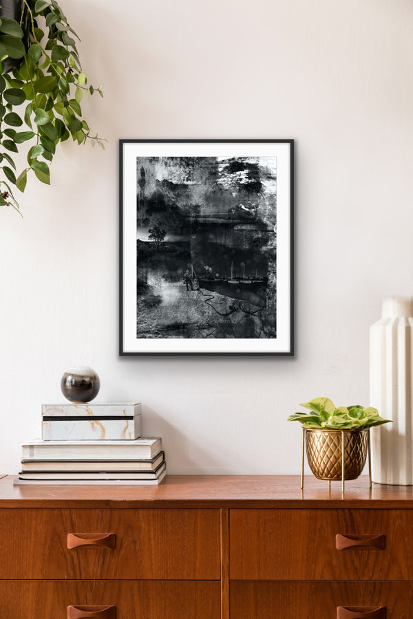 Moonwalking” glass framed fine art print by Durham J White, featuring a layered photographic artwork of the Mornington Pier in monochrome with carbon blacks, graphite mid-tones, and crisp whites.